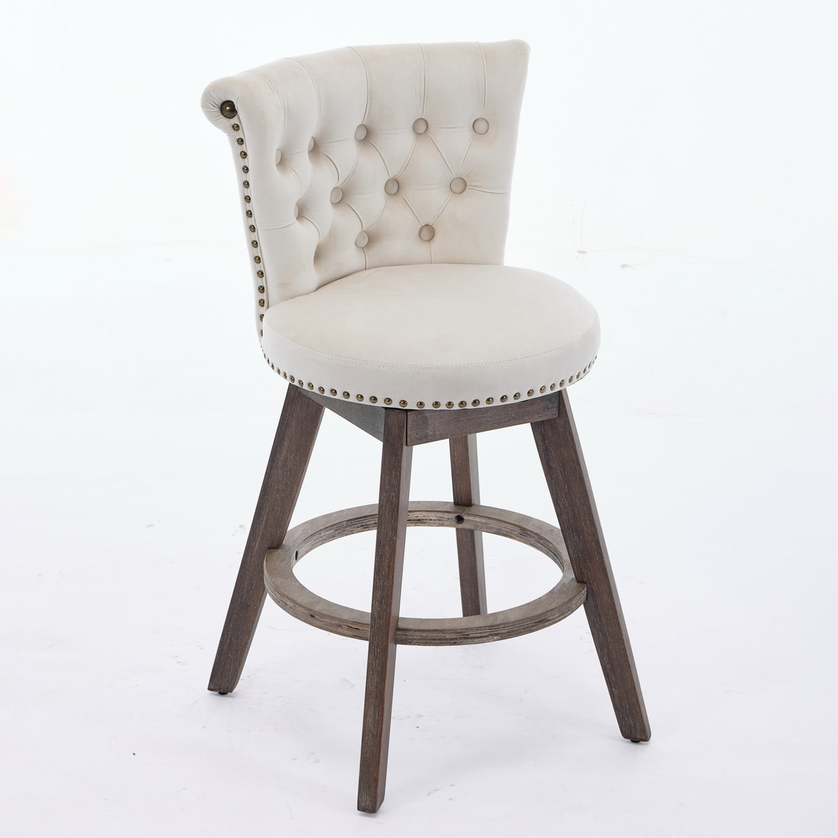 Set of 2 Tufted Velvet Swivel Counter Stools – Beige