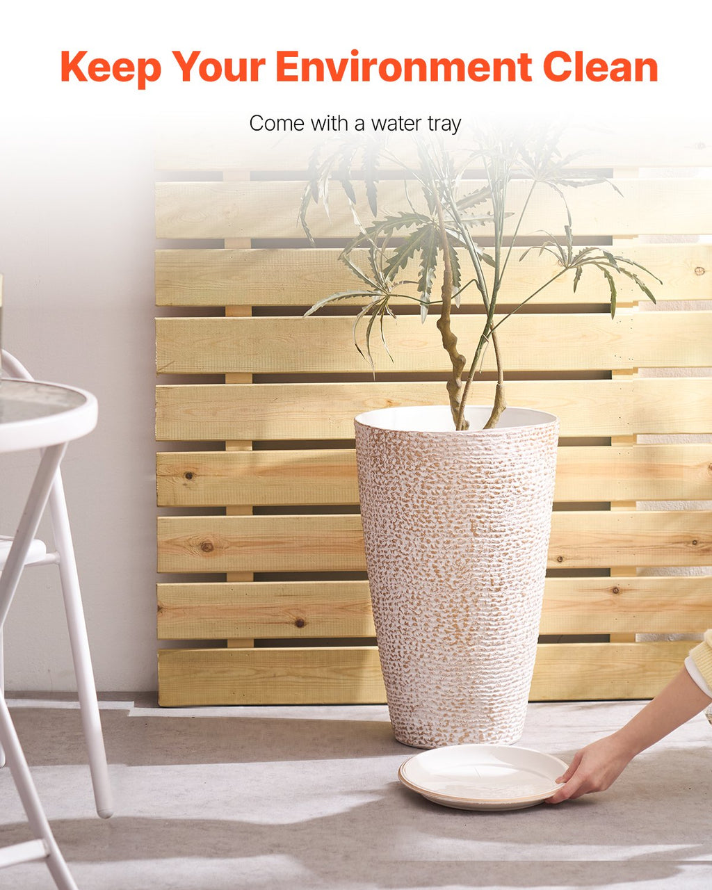 Set of 2 Tall Stone-Finish Planters – Beige, 21″