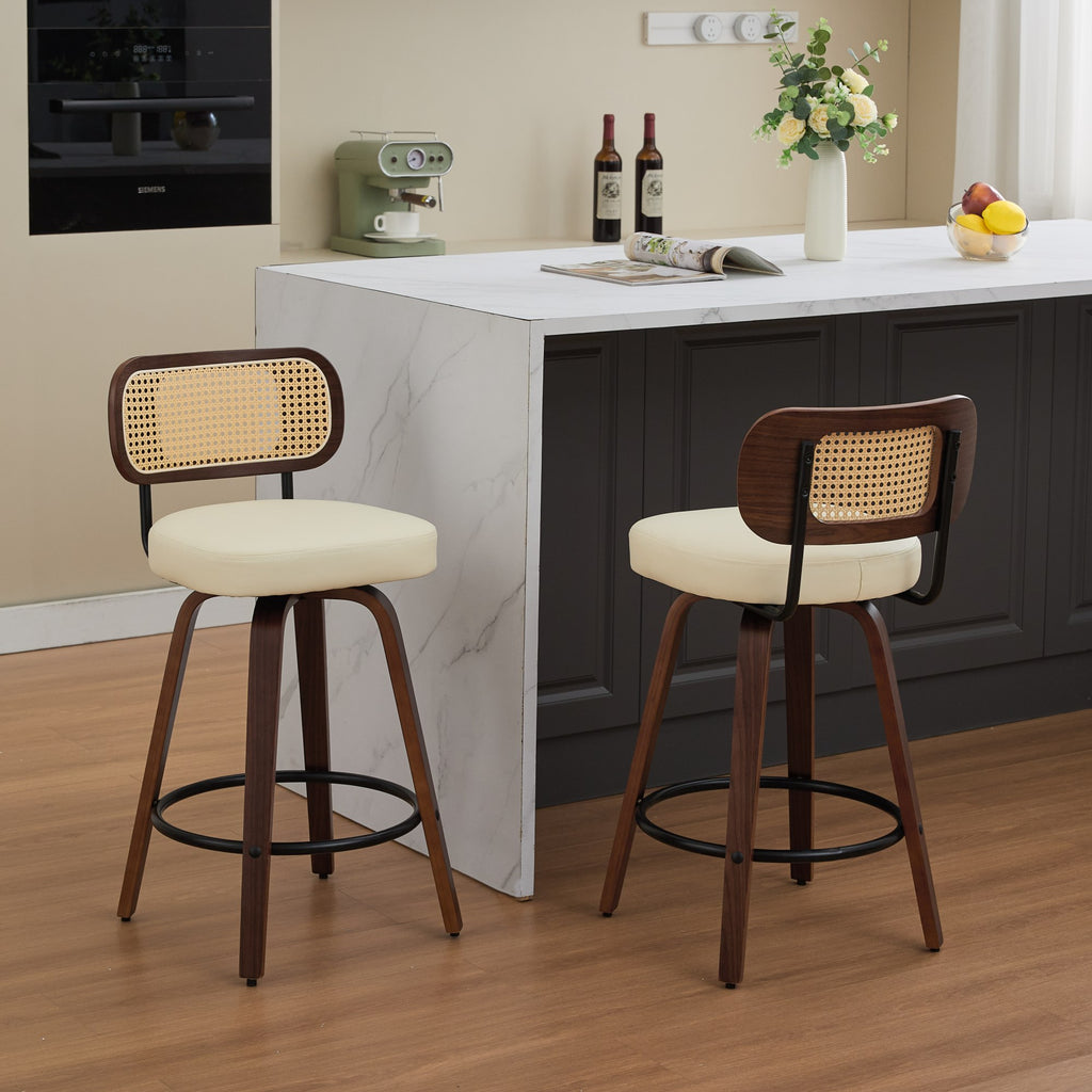 Set of 2 Rattan Swivel Counter Stools – Walnut & Beige – Beige