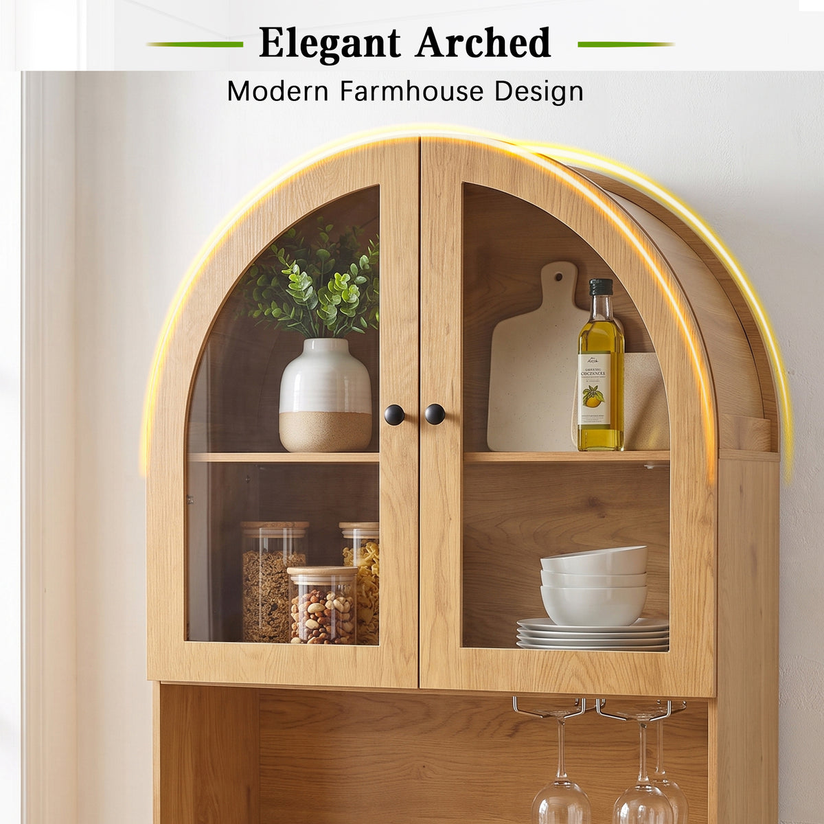75" Oak Arched Pantry Cabinet with Charging Station