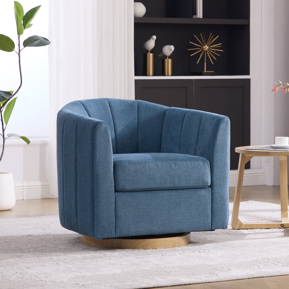 31" Blue Chenille Swivel Barrel Chair