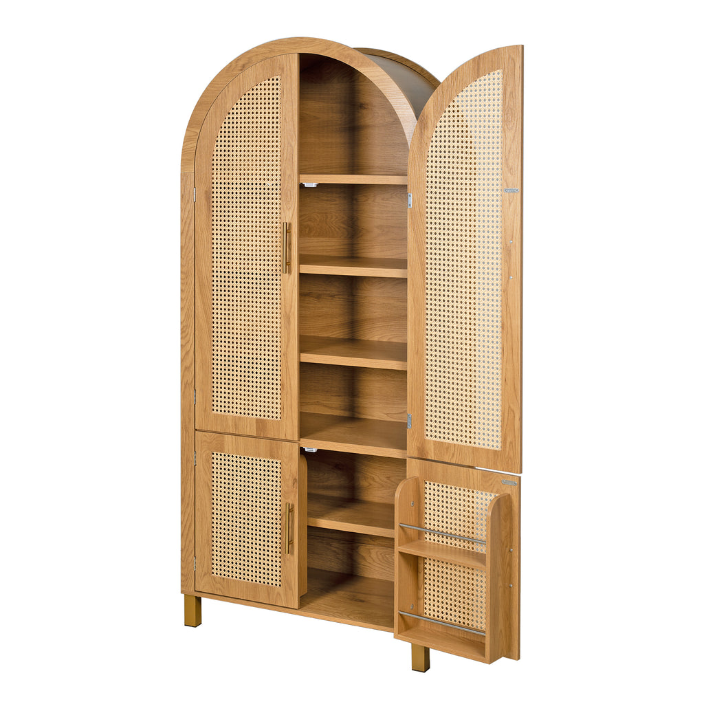 71" Oak Arched Rattan Storage Cabinet