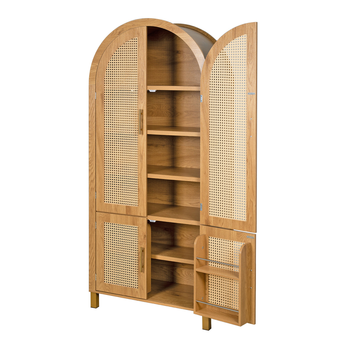 71" Oak Arched Rattan Storage Cabinet