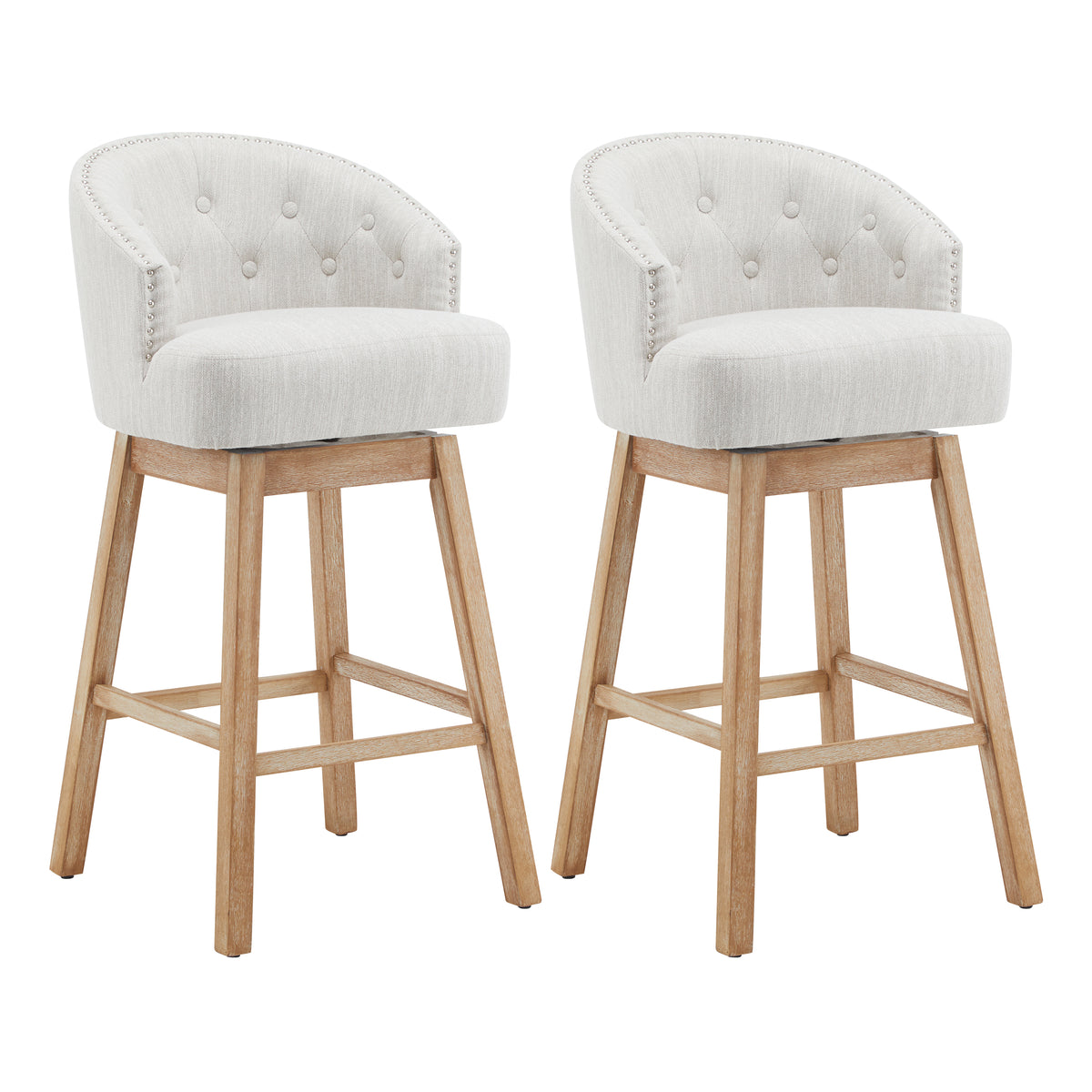 Set of 2 Upholstered Wood Swivel Counter Stools – Natural Beige
