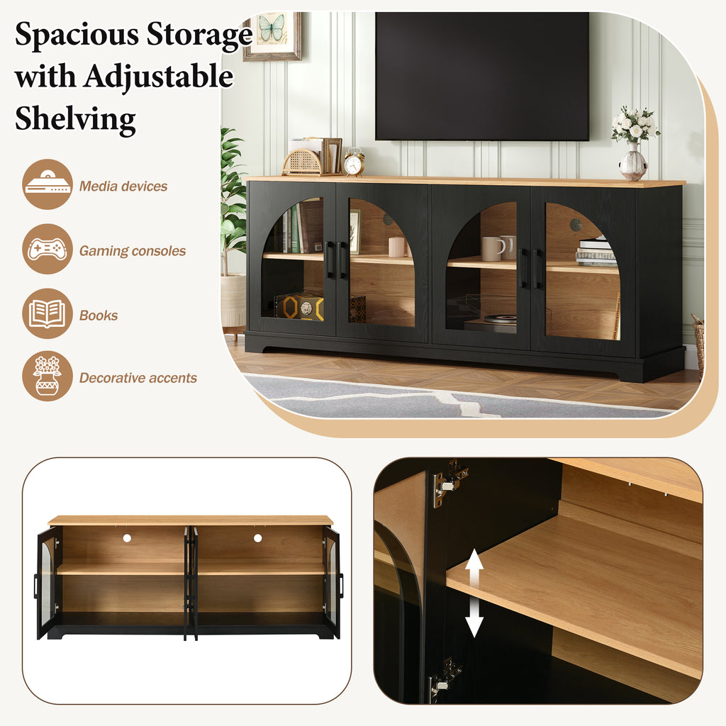 Farmhouse TV Stand with Arched Glass Doors – Black & Natural