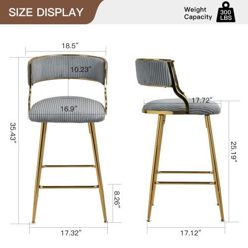 Set of 2 Corduroy Counter Stools with Gold Base