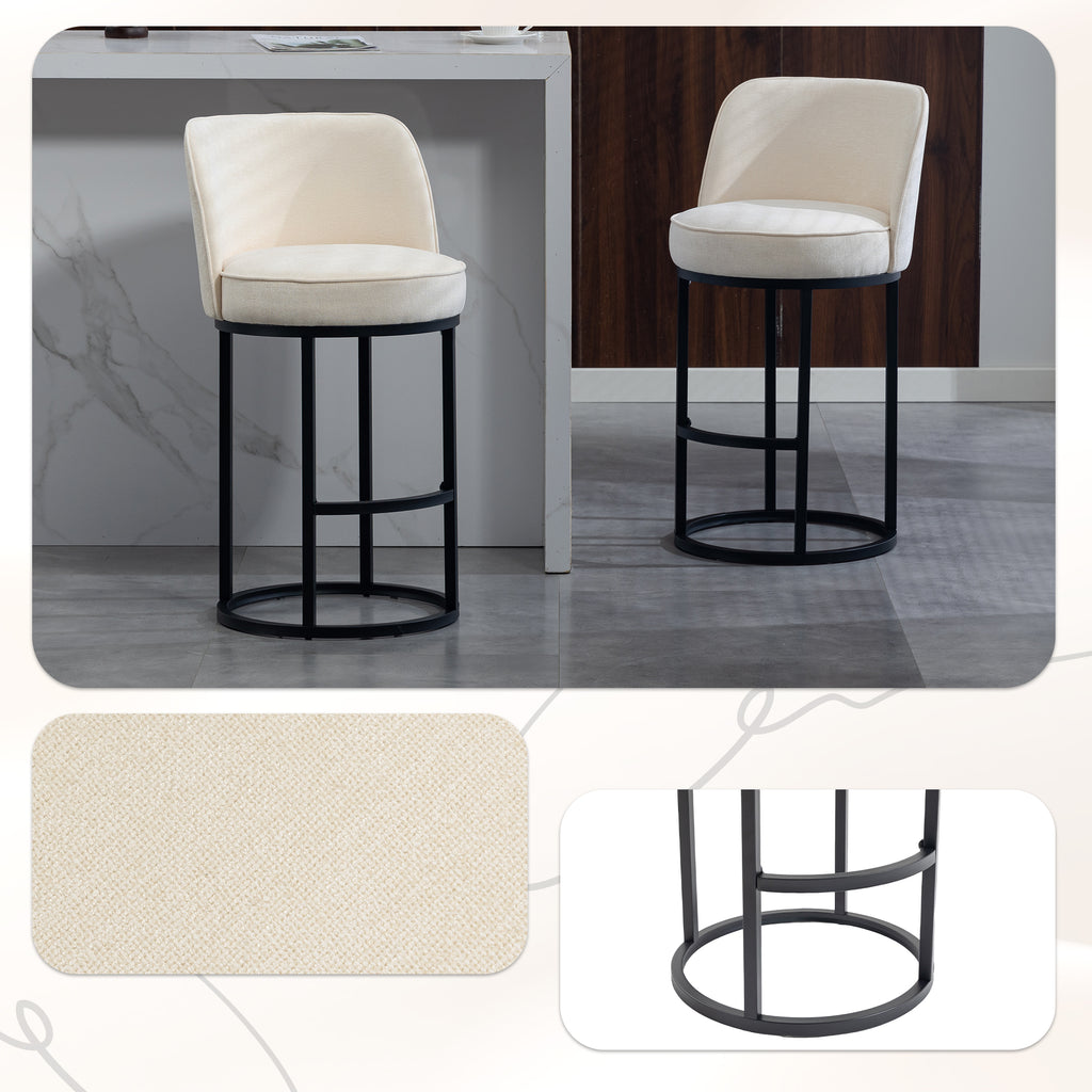 Set of 2 Barrel-Back Linen Counter Stools – Beige – Beige