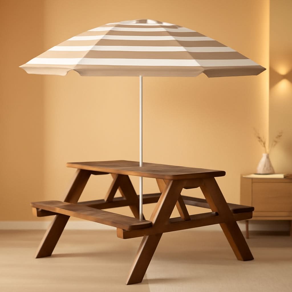 Walnut Wooden Kids Picnic Table With Adjustable Umbrella-0