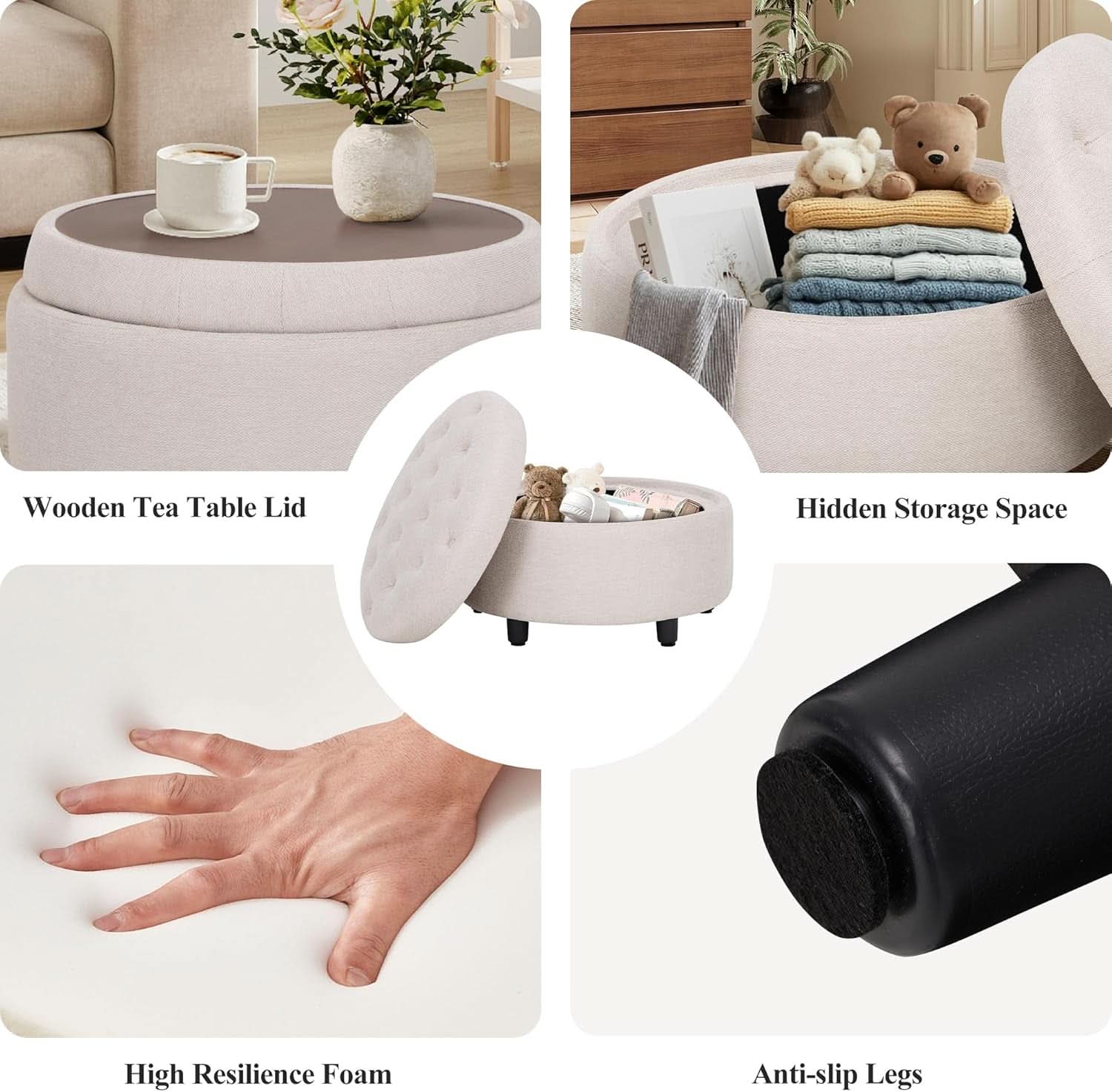 Beige Polyester Circular Storage Ottoman With Tray-3