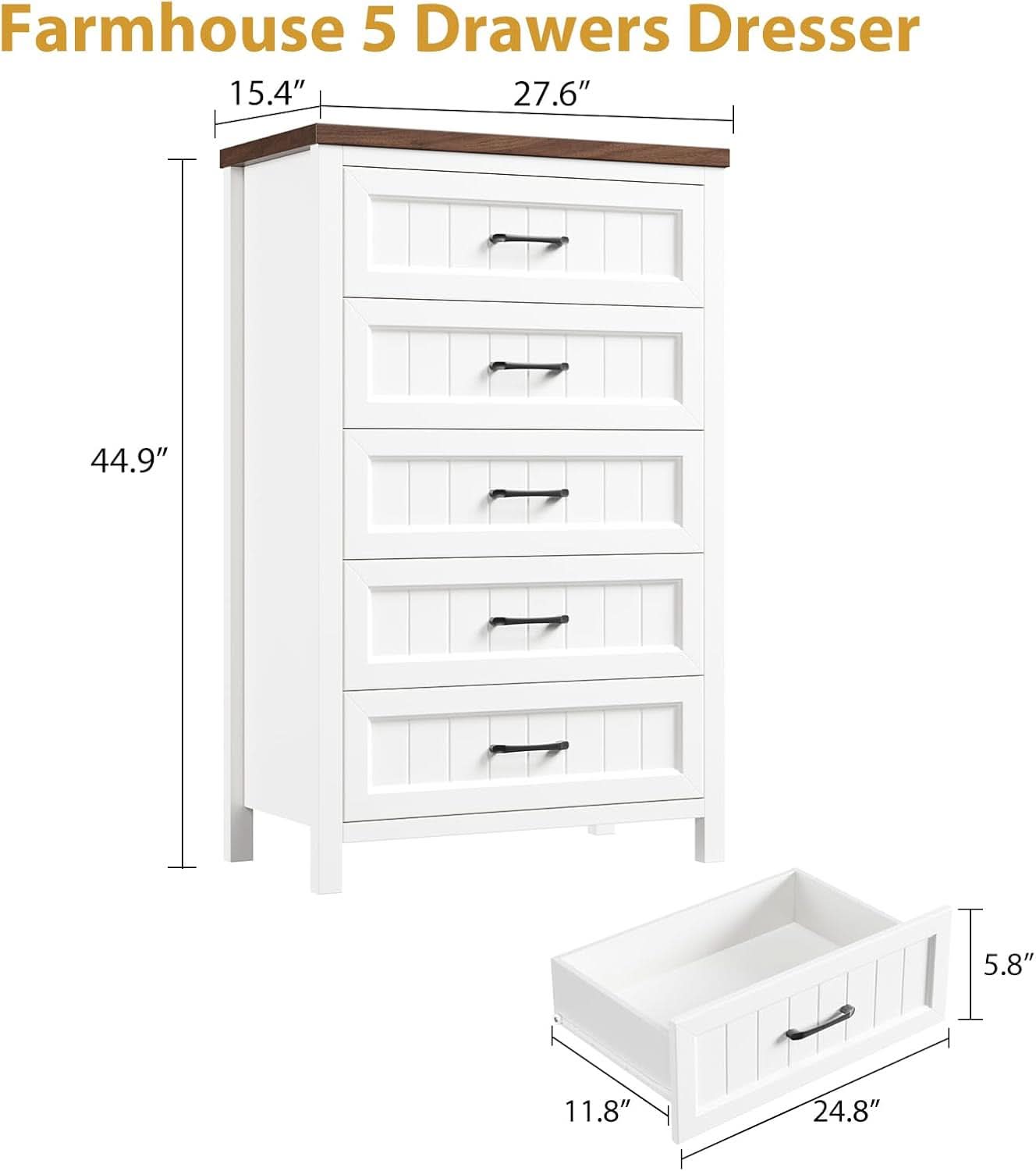 Five Drawer Dresser 44.9 Inch Tall PowderCoatWhite-1