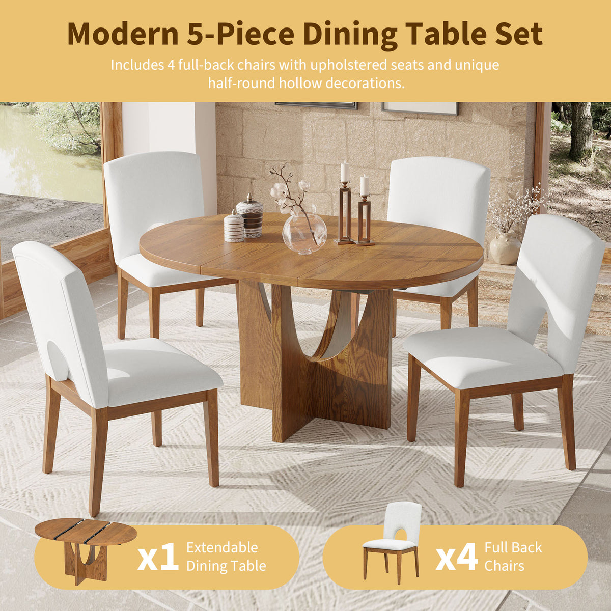 5-Piece Extendable Walnut Round Dining Set