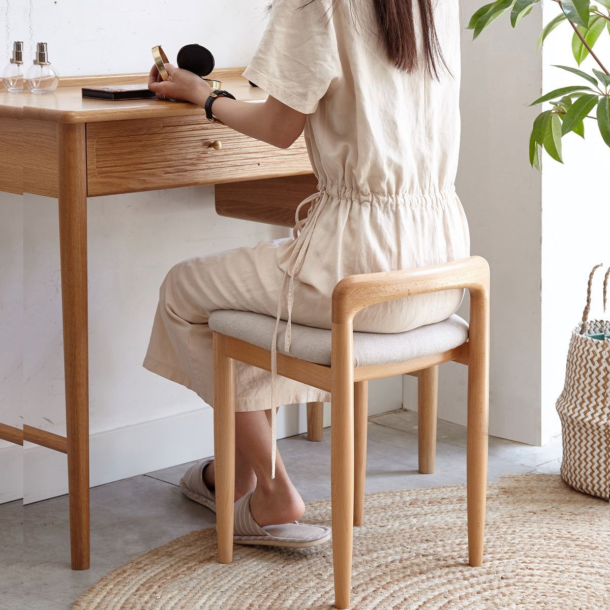 Natural Wood Vanity & Accent Stool