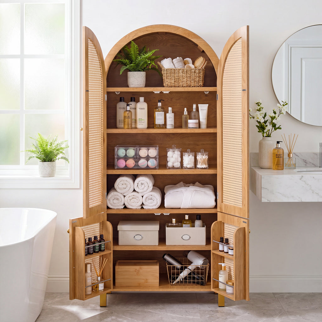71" Oak Arched Rattan Storage Cabinet