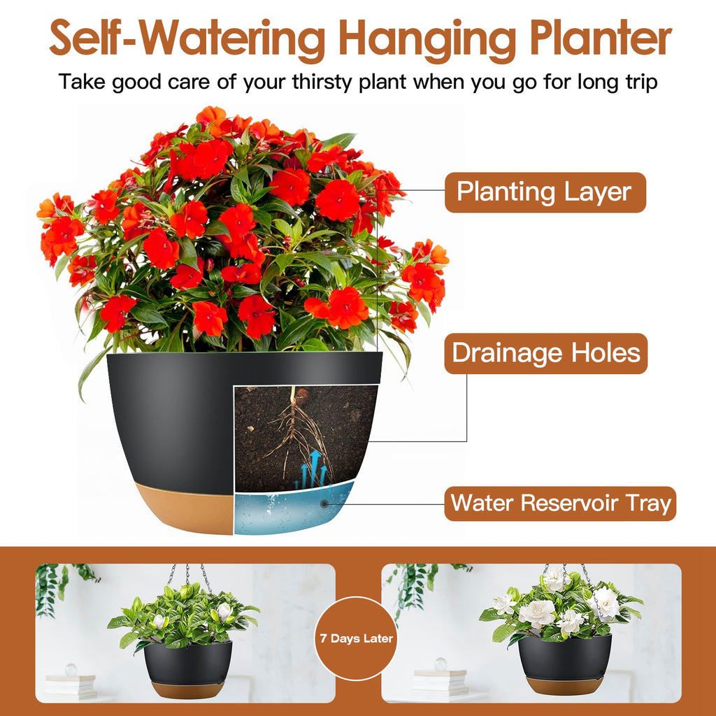 Set of 4 Self-Watering Hanging Planters – Gray, 9.64″