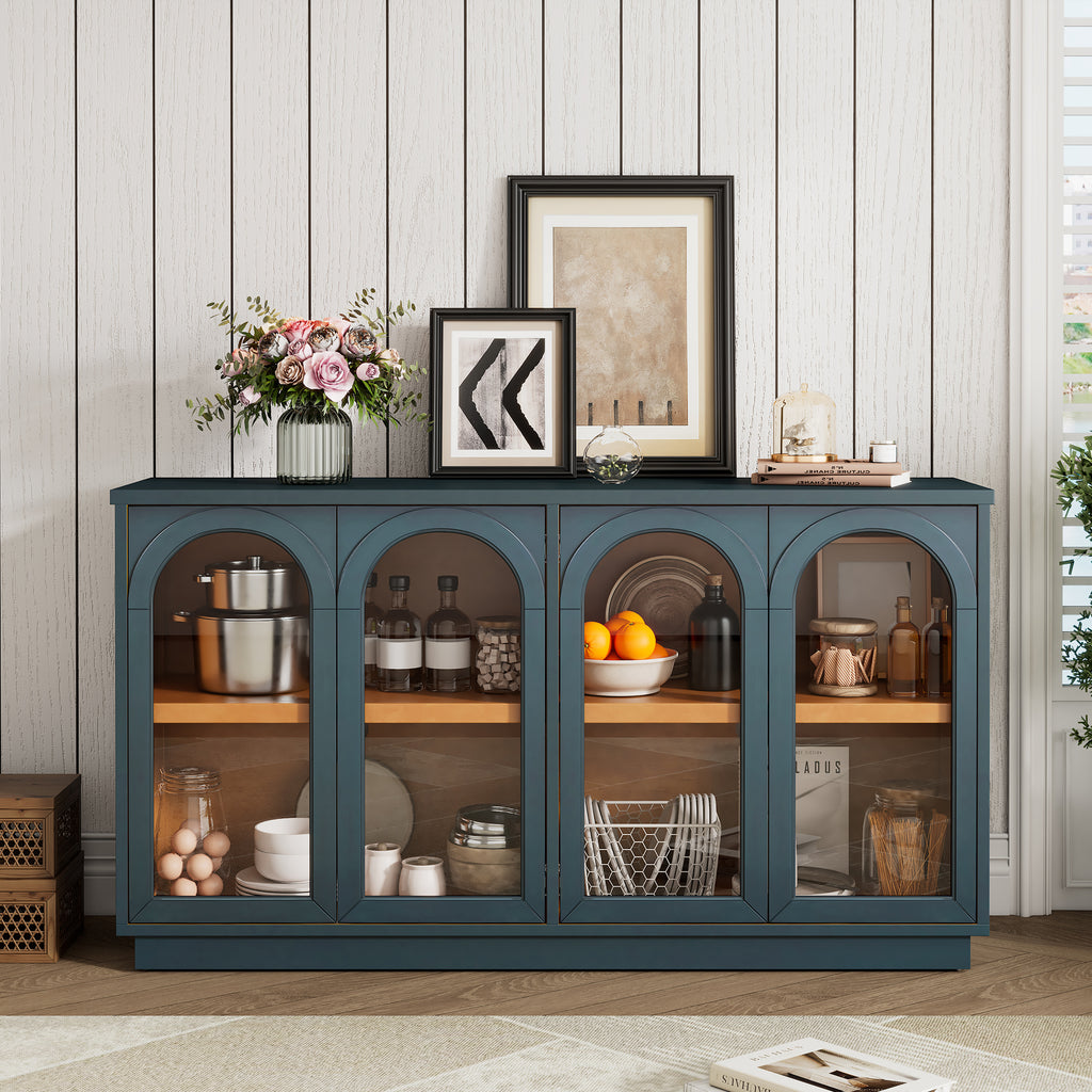 Navy Arched 4-Door Glass Buffet Cabinet