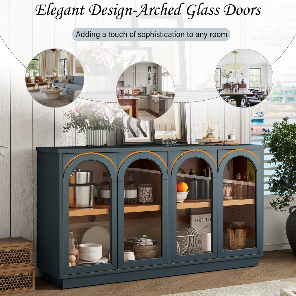 Navy Arched 4-Door Glass Buffet Cabinet