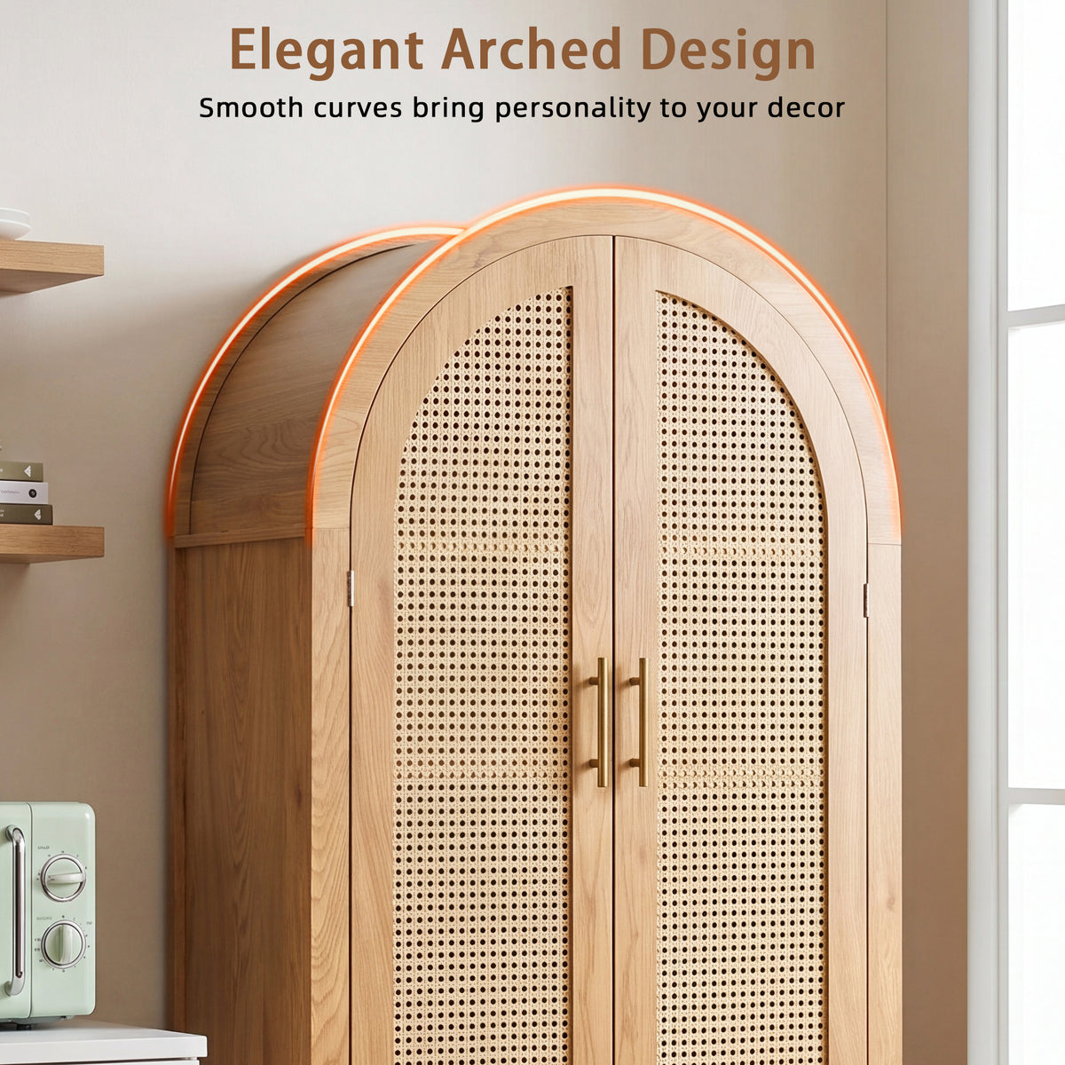 71" Oak Arched Rattan Storage Cabinet