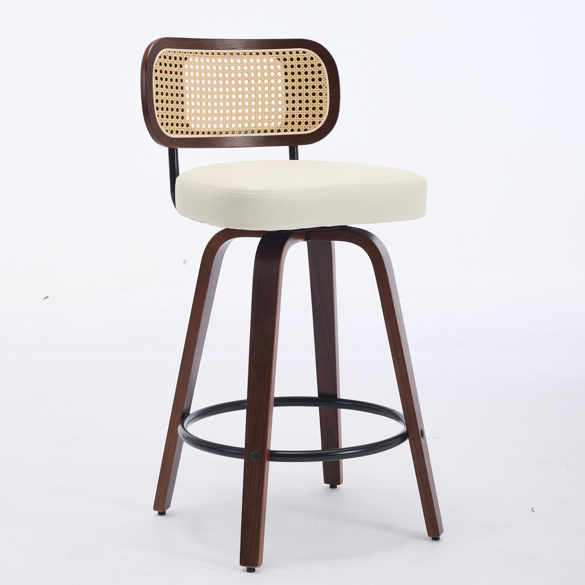 Set of 3 Rattan Swivel Counter Stools – Walnut & Beige
