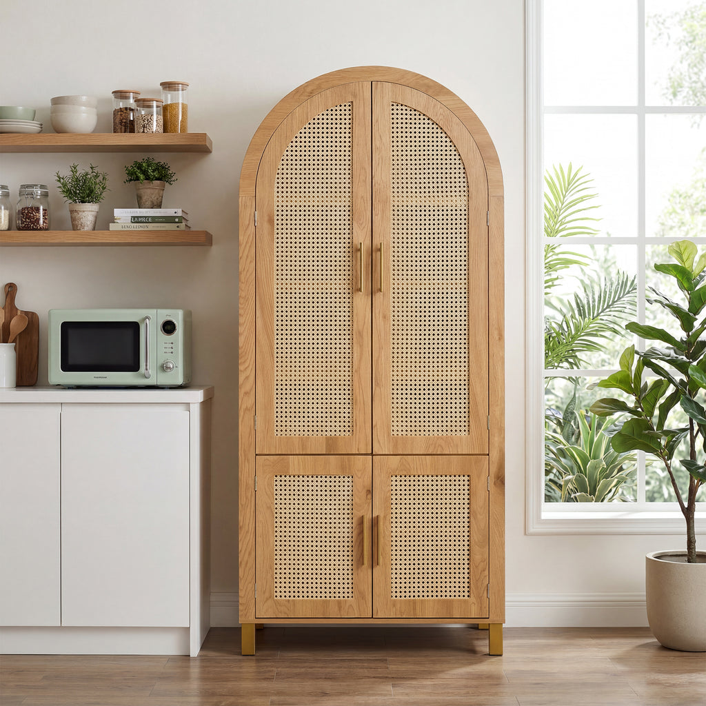 71" Oak Arched Rattan Storage Cabinet
