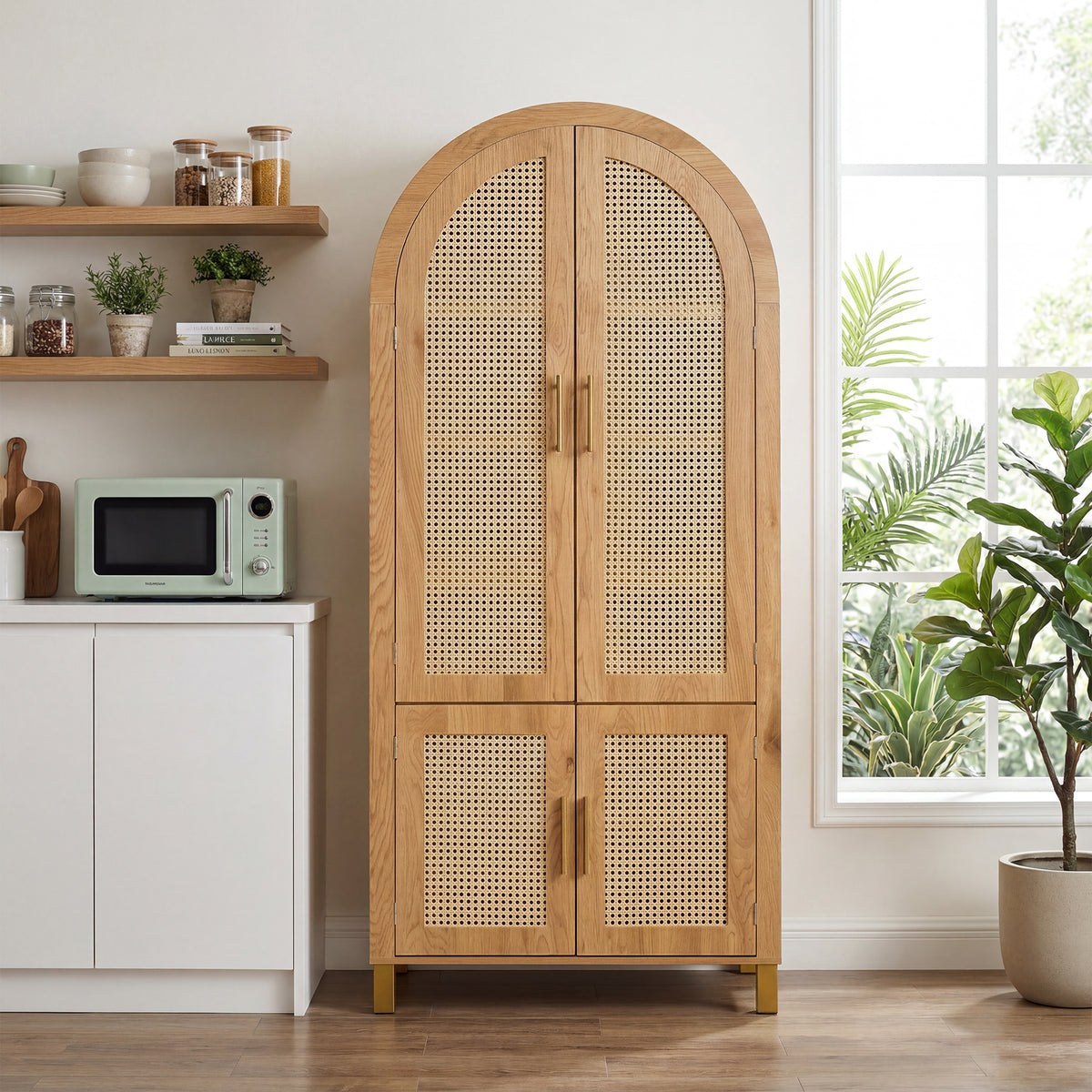 71" Oak Arched Rattan Storage Cabinet