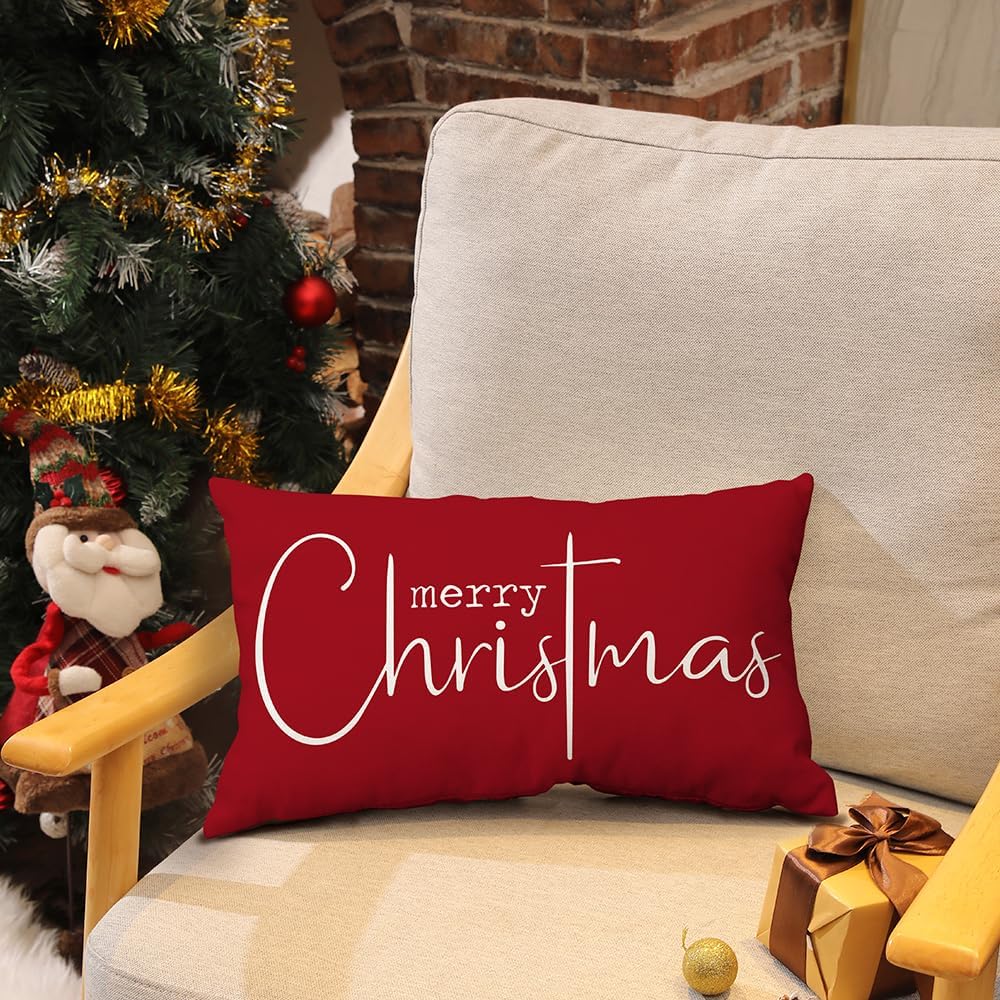 Merry Christmas Lumbar Pillow Cover – Red, 12″ × 20″
