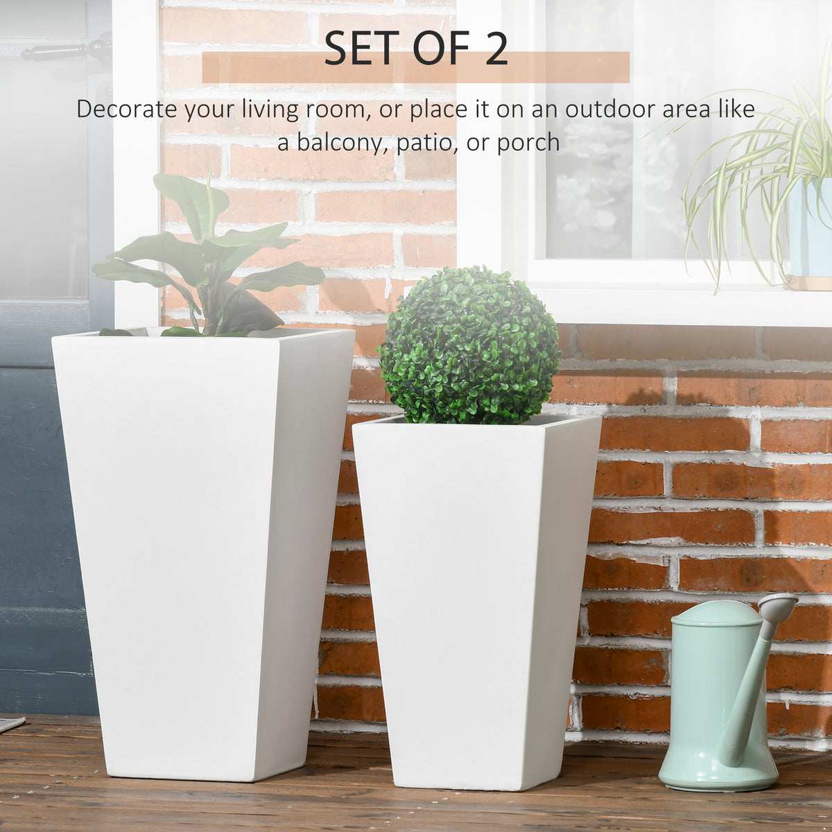 Set of 2 Tall Outdoor Planters with Drainage – White