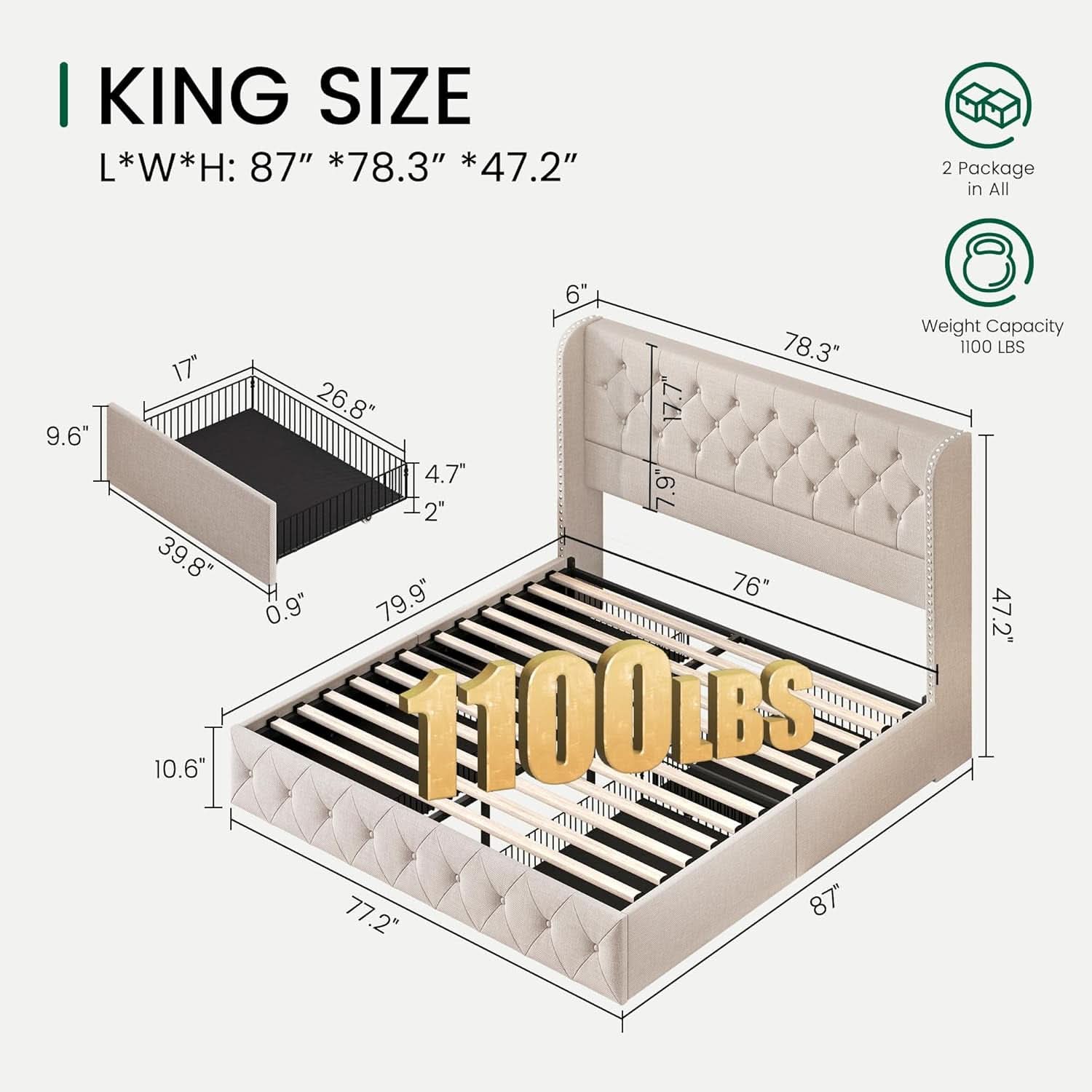 King Size Beige Upholstered Platform Bedframe Drawers-1