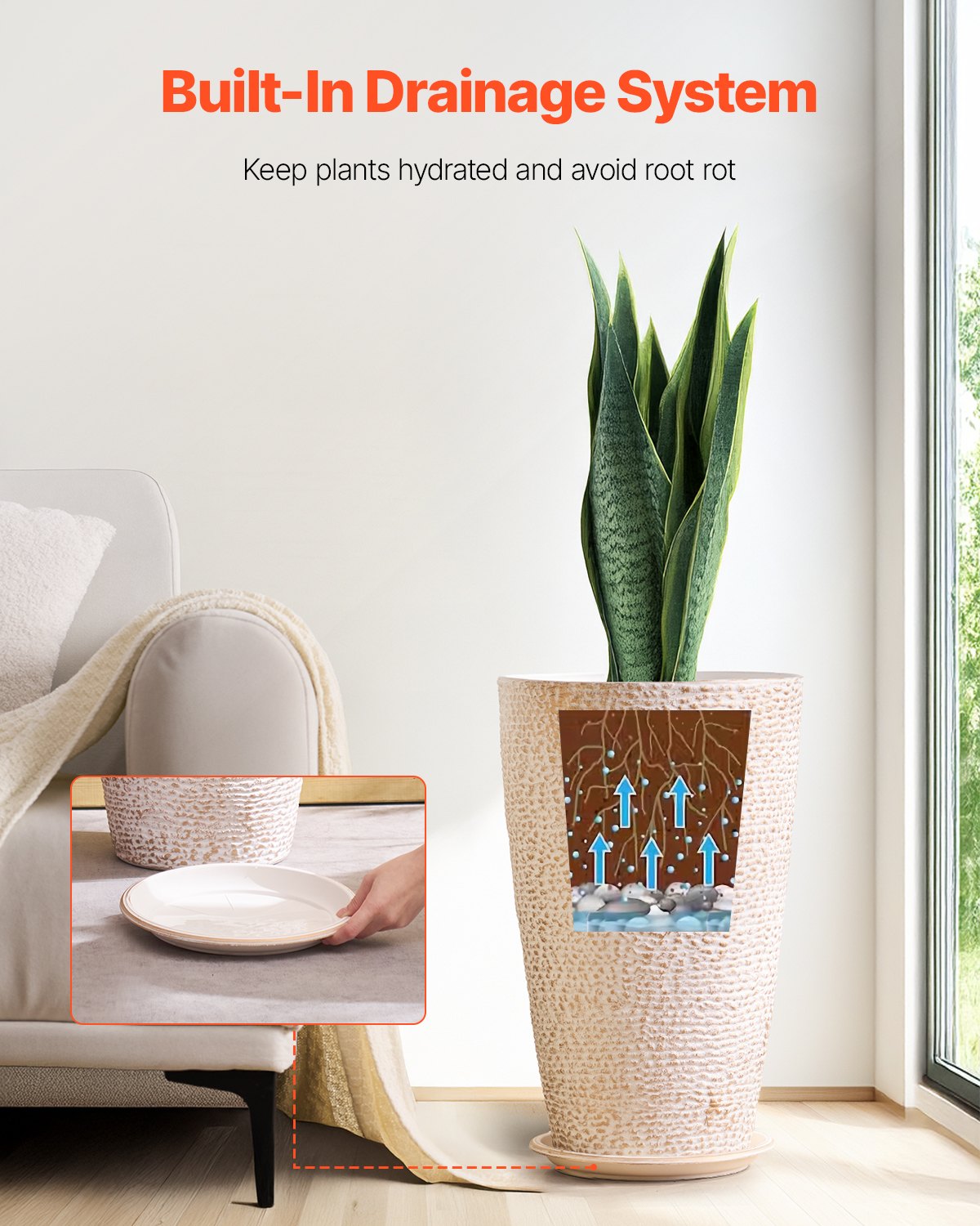 Set of 2 Tall Stone-Finish Planters – Beige, 21″