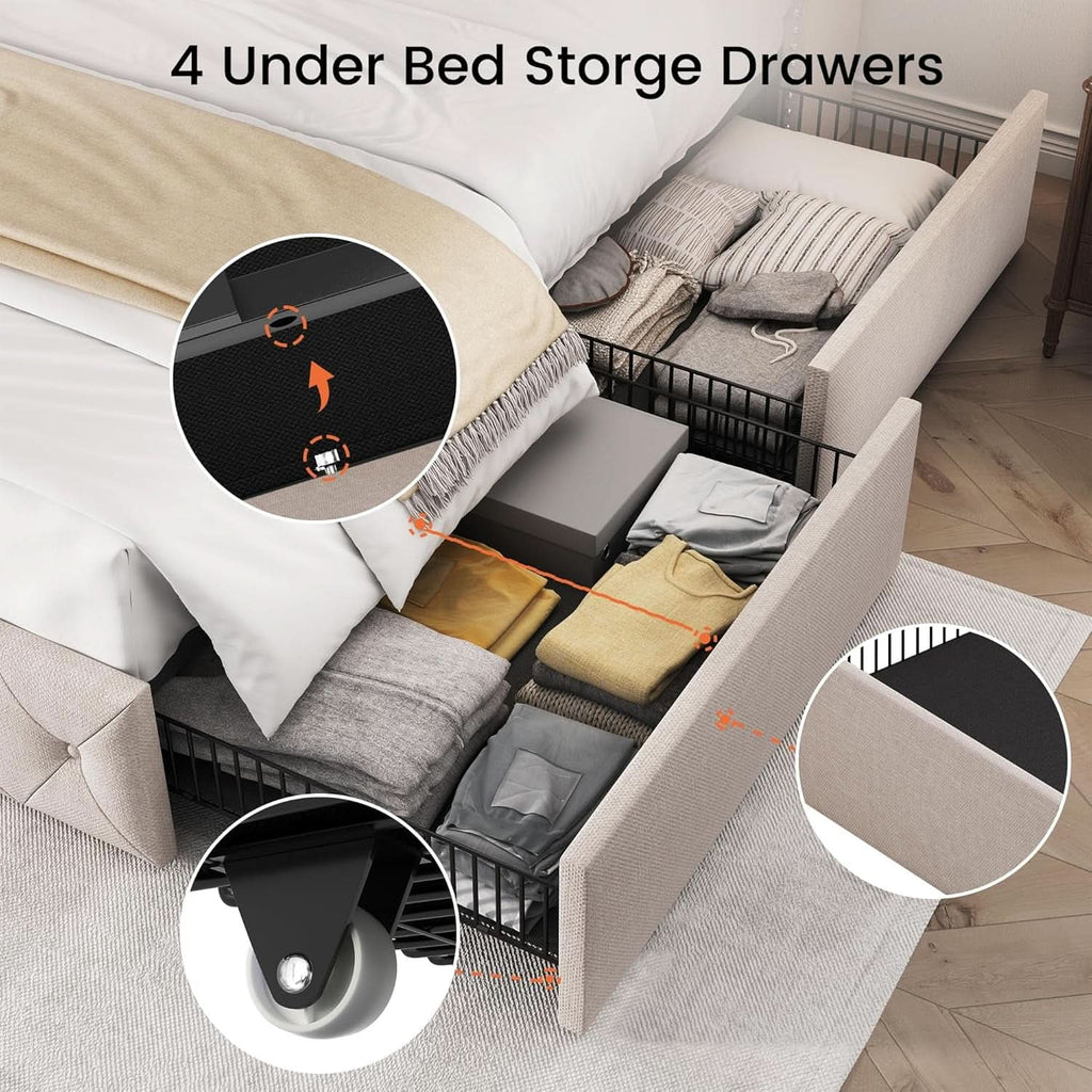 King Size Beige Upholstered Platform Bedframe Drawers-4