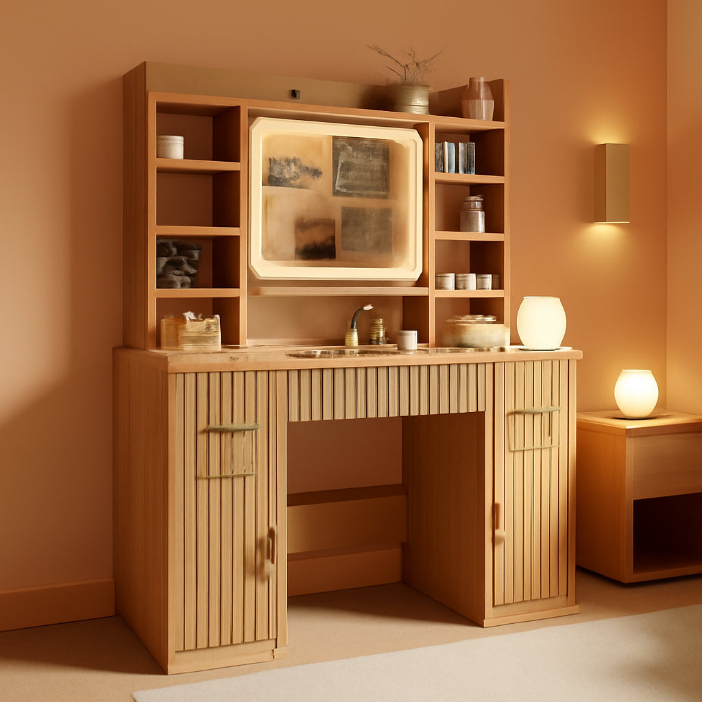 43.3 Inch Fluted Vanity Desk Solid Oak Finish With LED