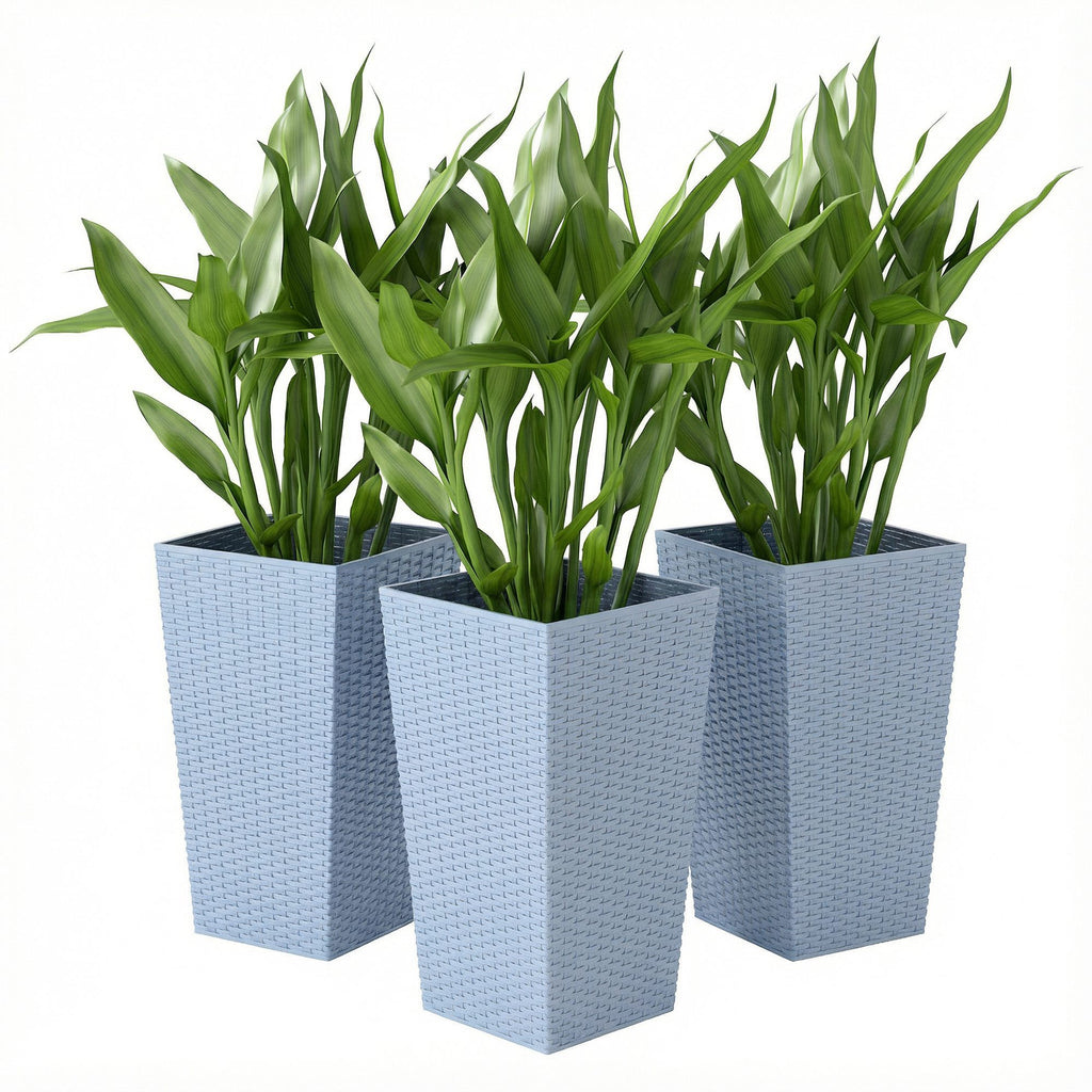 Set of 3 Tall Rattan-Texture Planters – Light Gray, 24″
