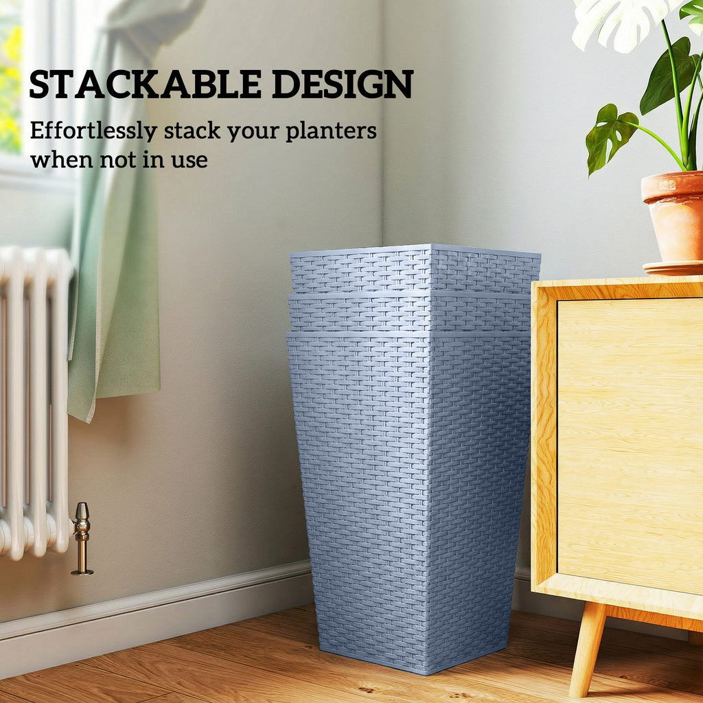 Set of 3 Tall Rattan-Texture Planters – Light Gray, 24″