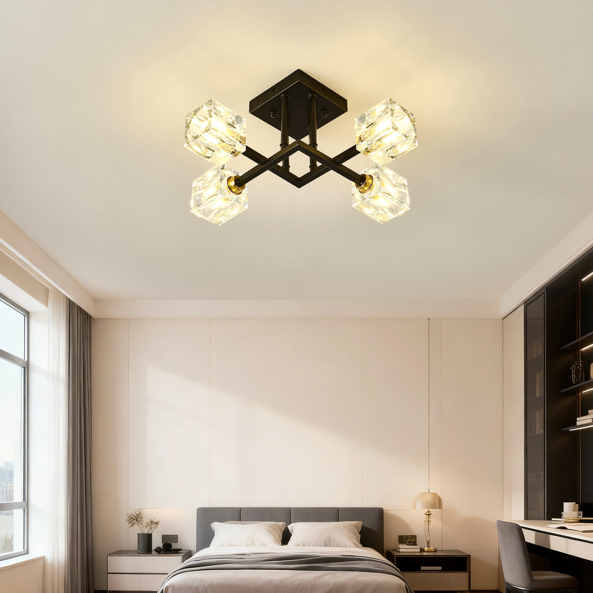4-Light Crystal Flush Mount Ceiling Light – Matte Black – D16.99 inH15.35 in