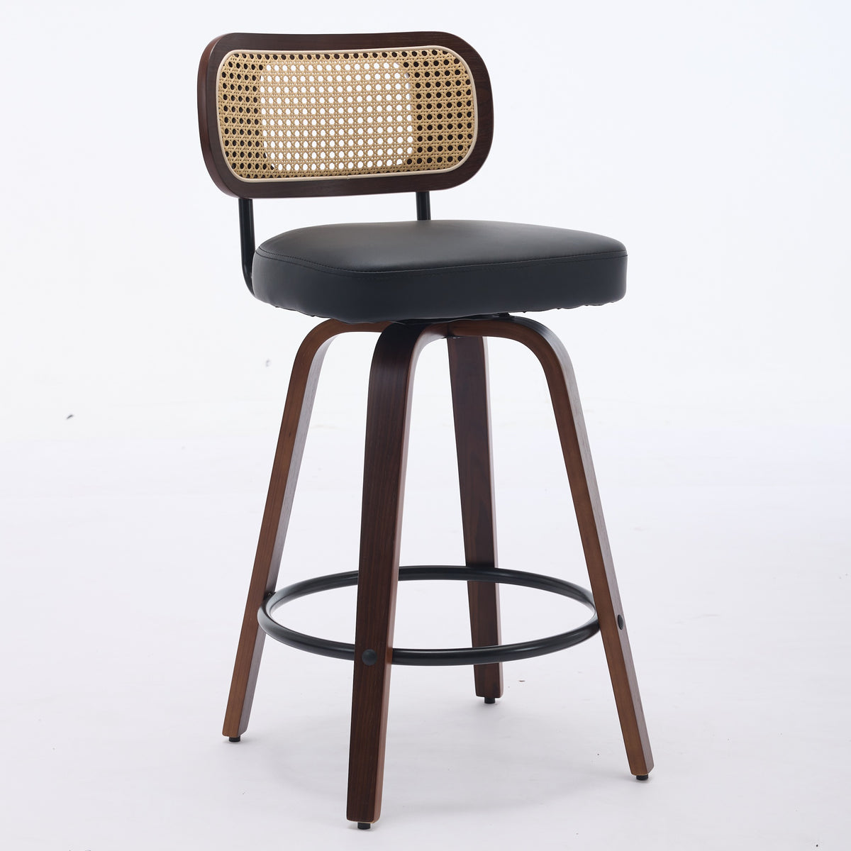 Set of 2 Rattan Swivel Counter Stools – Walnut & Black