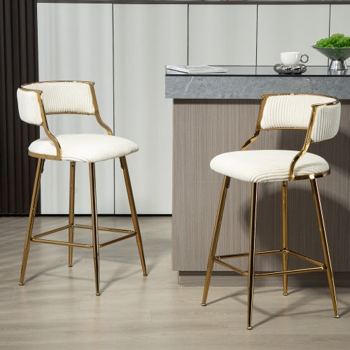 Set of 2 Corduroy Counter Stools with Gold Base – Beige