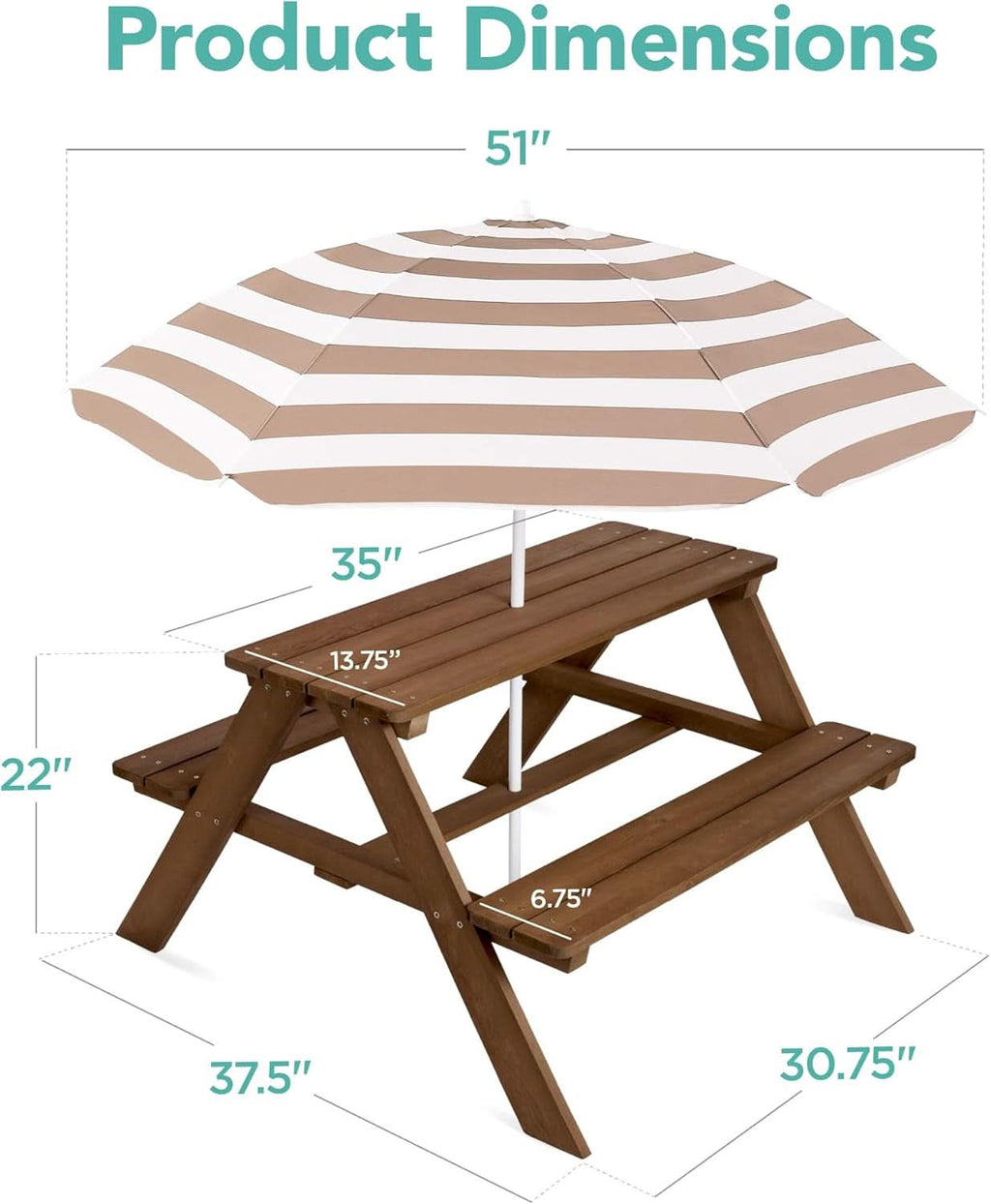 Walnut Wooden Kids Picnic Table With Adjustable Umbrella-1
