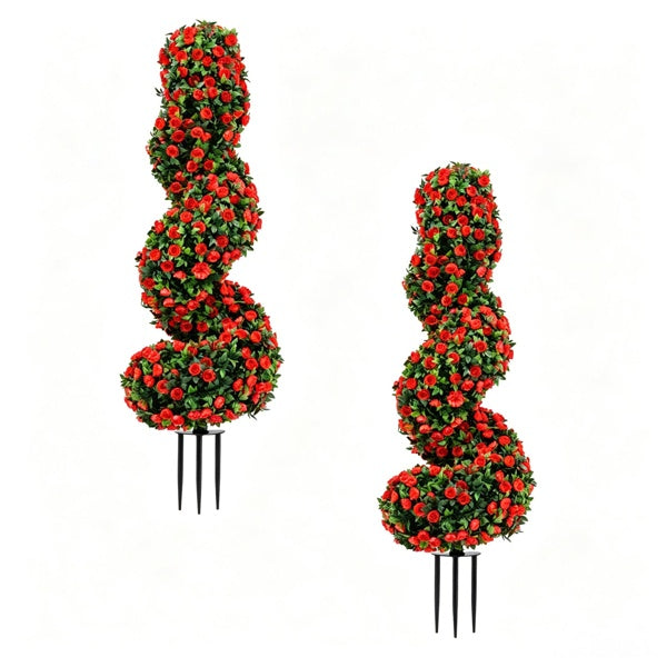 Set of 2 Artificial Spiral Flower Topiaries – Red