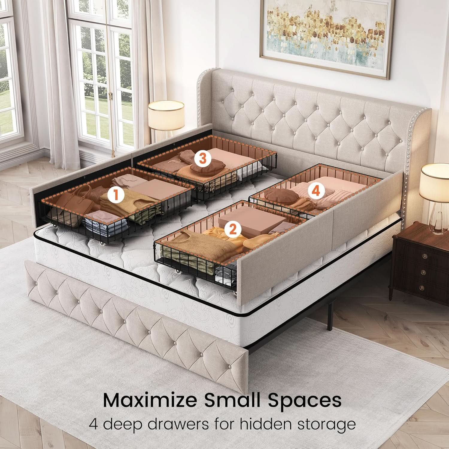 King Size Beige Upholstered Platform Bedframe Drawers-3