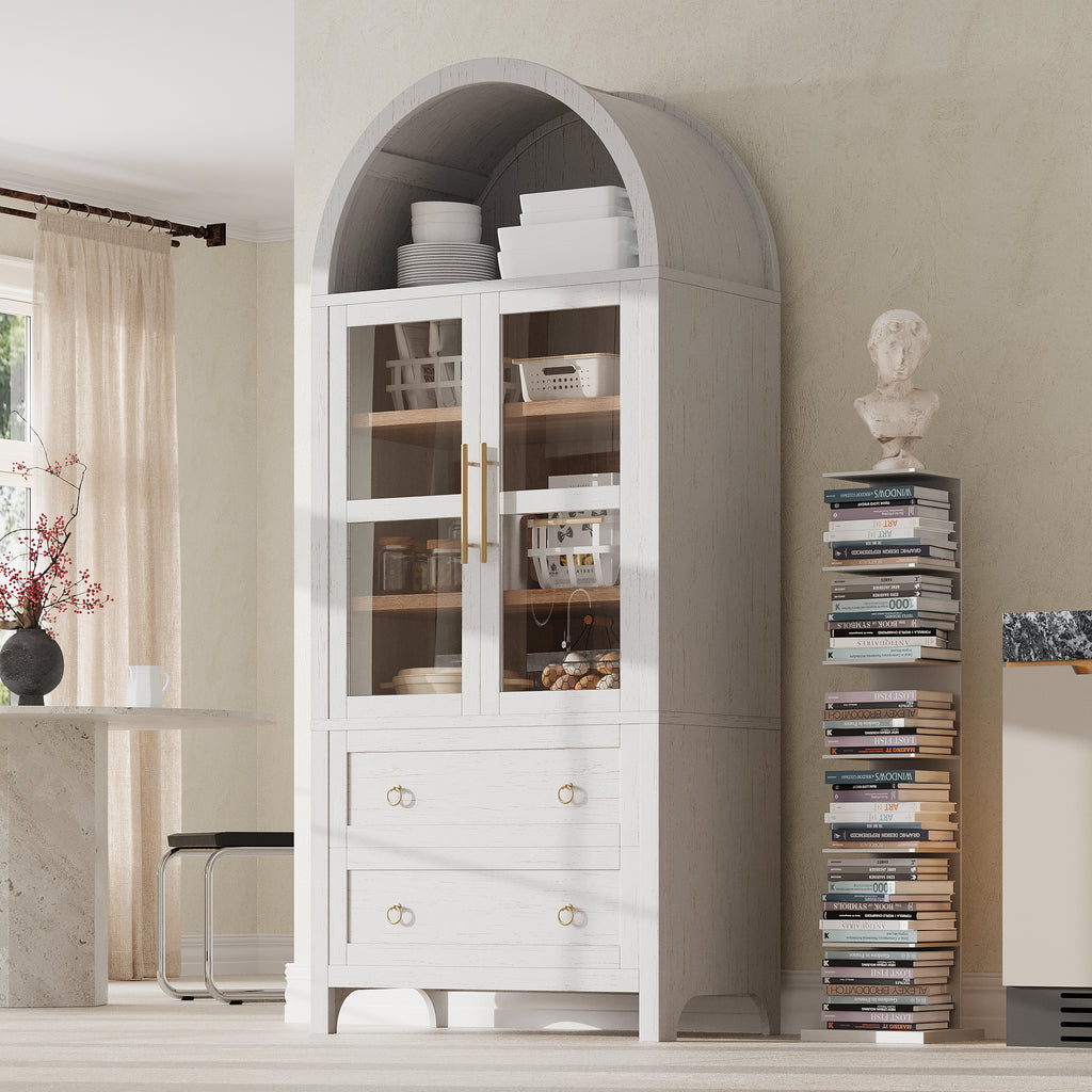 71" White Arched Pantry Cabinet with Glass Doors