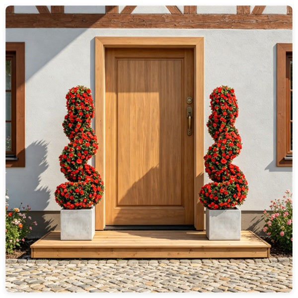 Set of 2 Artificial Spiral Flower Topiaries – Red