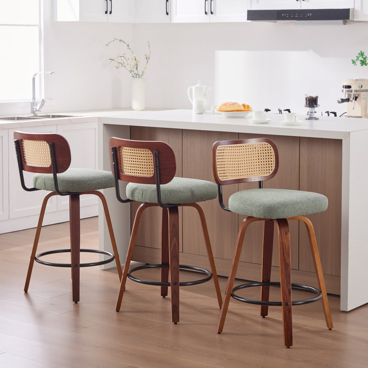 Set of 3 Rattan Swivel Counter Stools – Walnut, Black & Green – Light Green