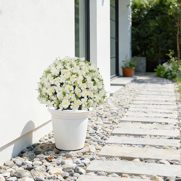 Set of 2 Faux Snow Lotus Potted Plants – White – White