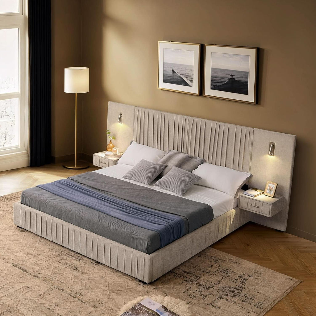 Queen Size Chenille Beige Upholstered Bedframe Night stands-2