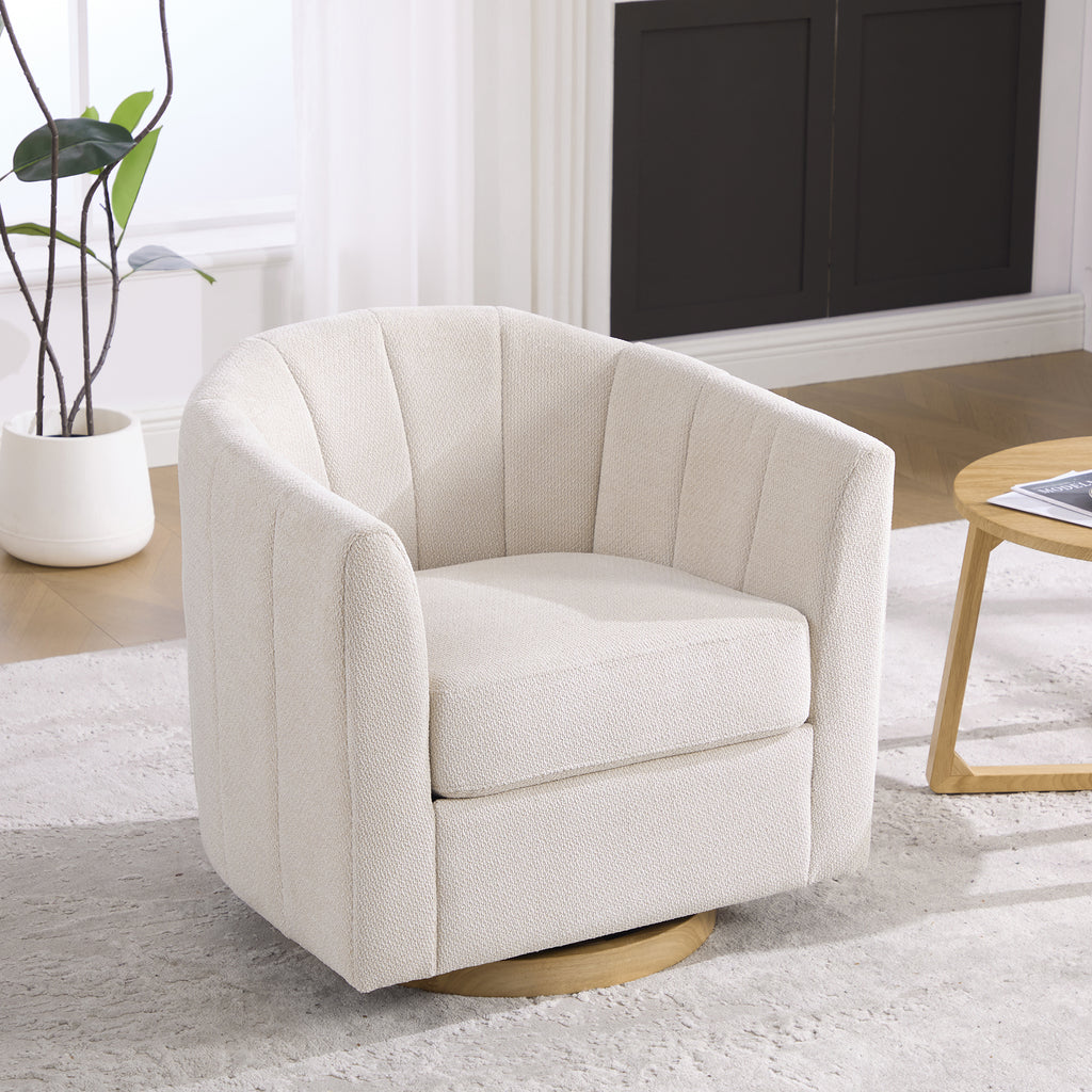 31" Beige Chenille Swivel Barrel Chair