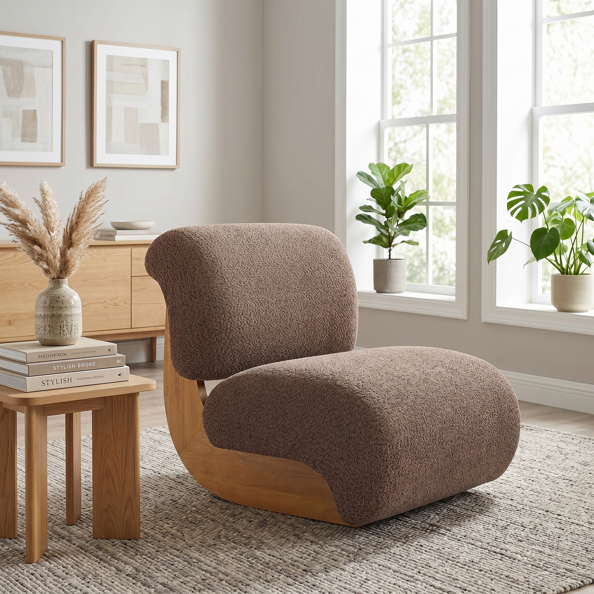28" Curved Bouclé Accent Chair – Natural