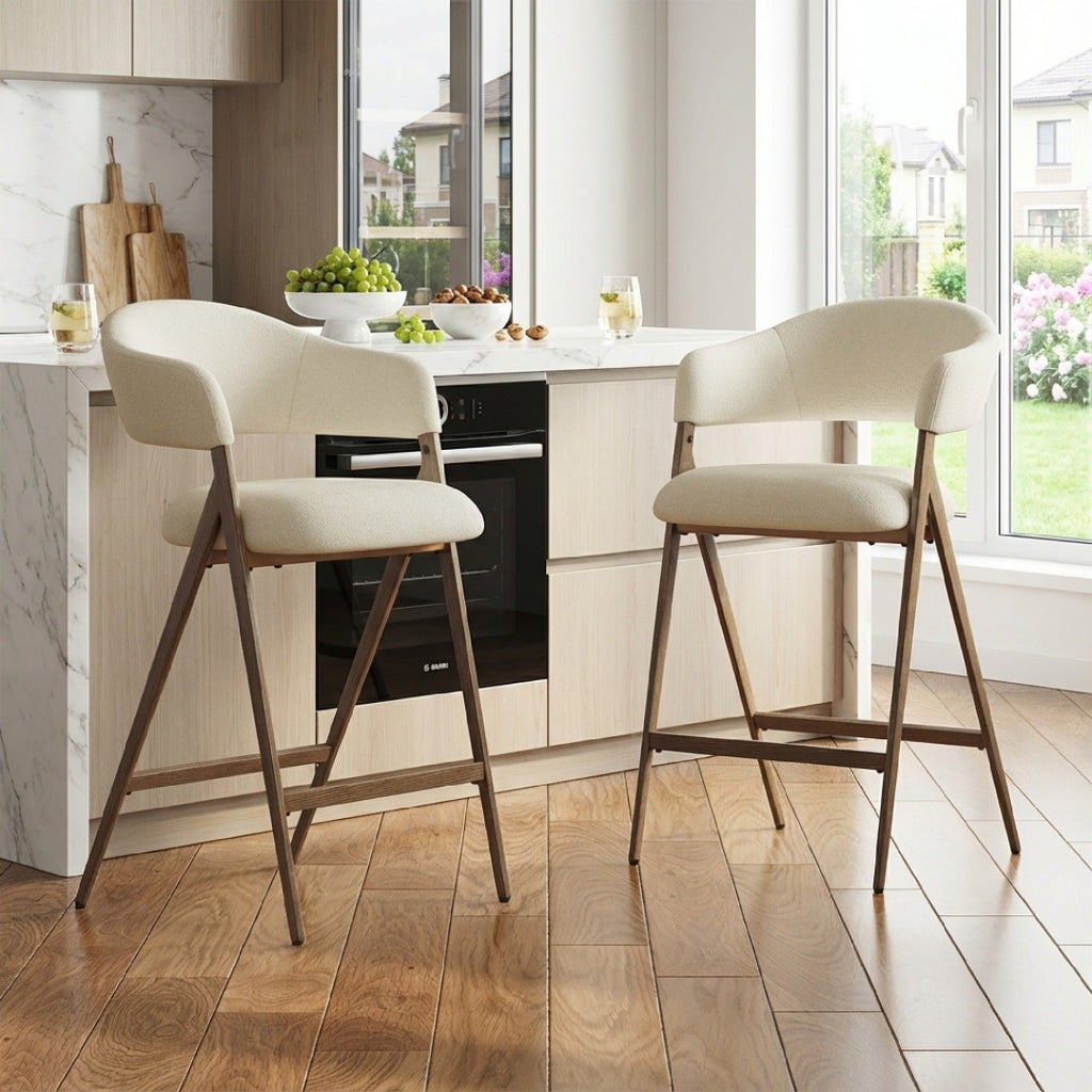 Set of 2 Upholstered Metal Counter Stools – Beige – Beige