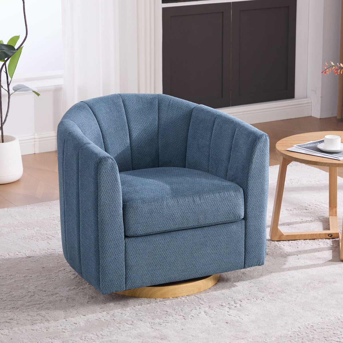 31" Blue Chenille Swivel Barrel Chair