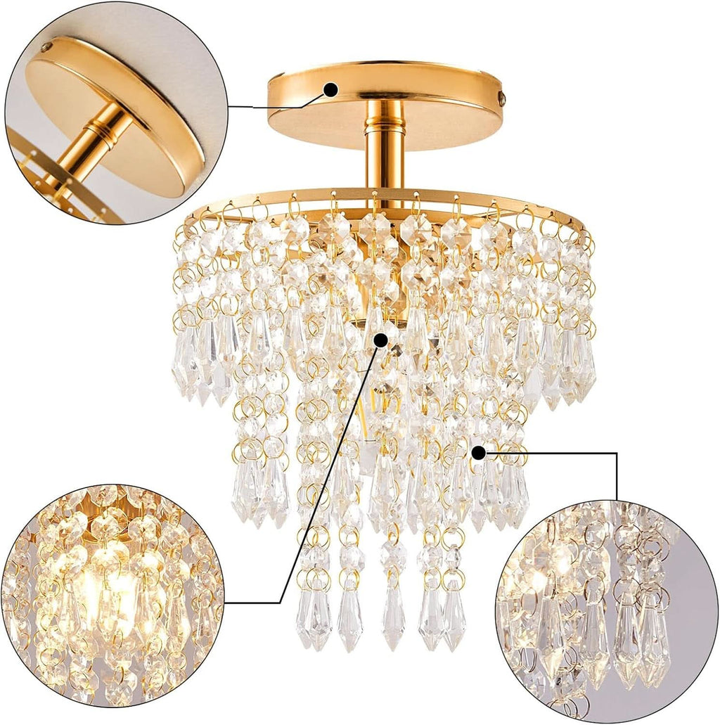 Gold Mini Crystal Chandelier 3-Tier Raindrops Light-2