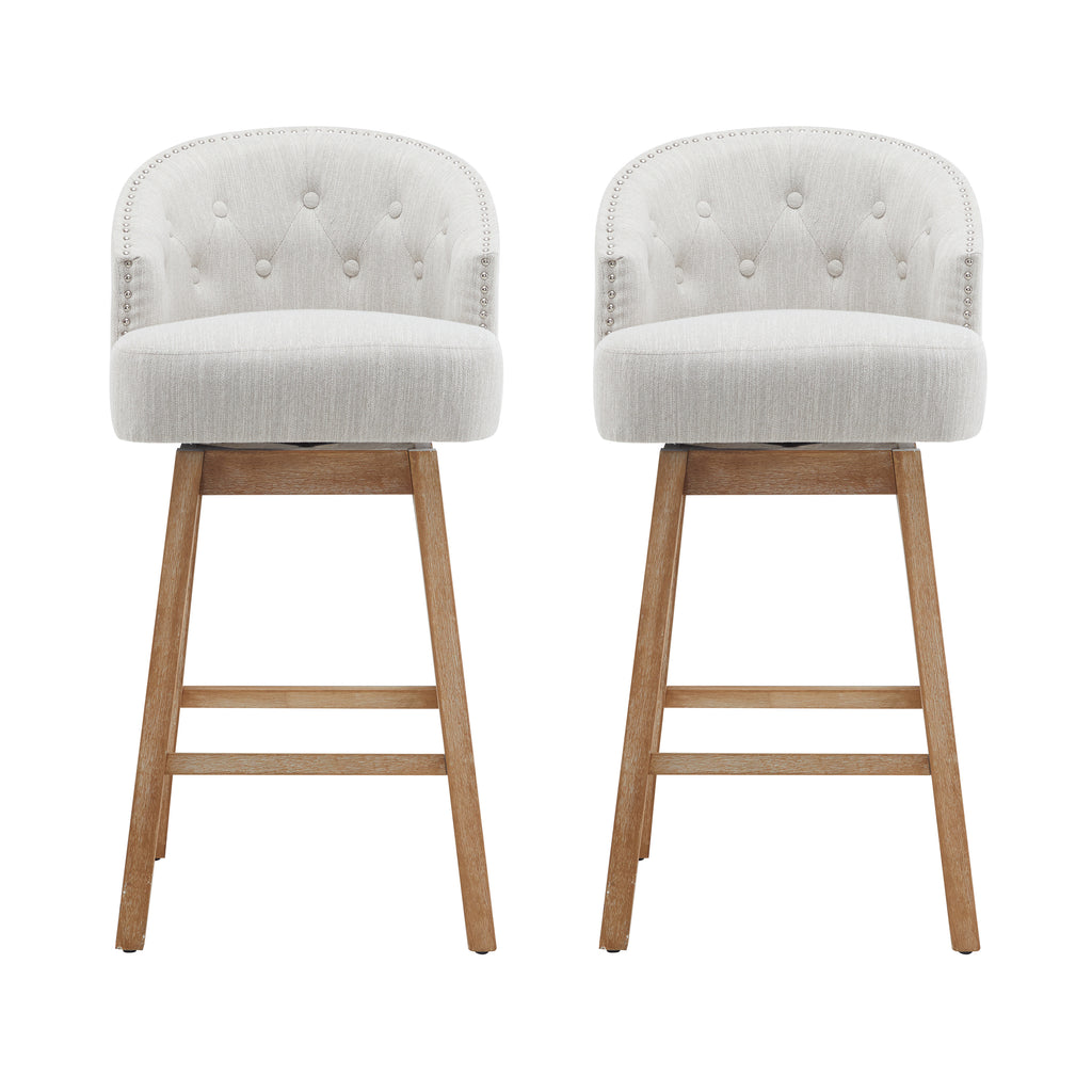 Set of 2 Upholstered Wood Swivel Counter Stools – Natural Beige
