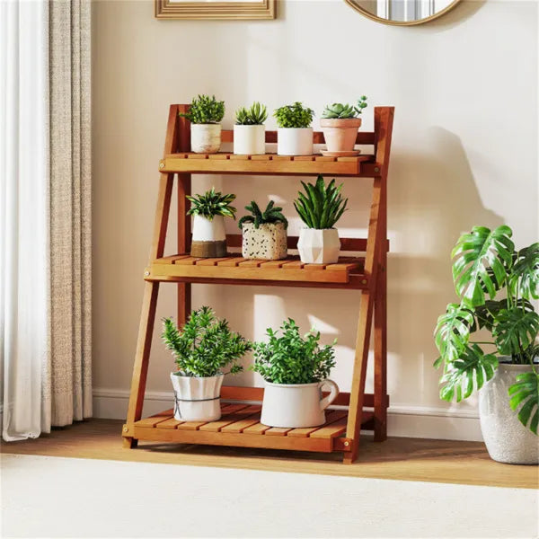 Foldable Acacia Wood 3-Tier Ladder Plant Stand